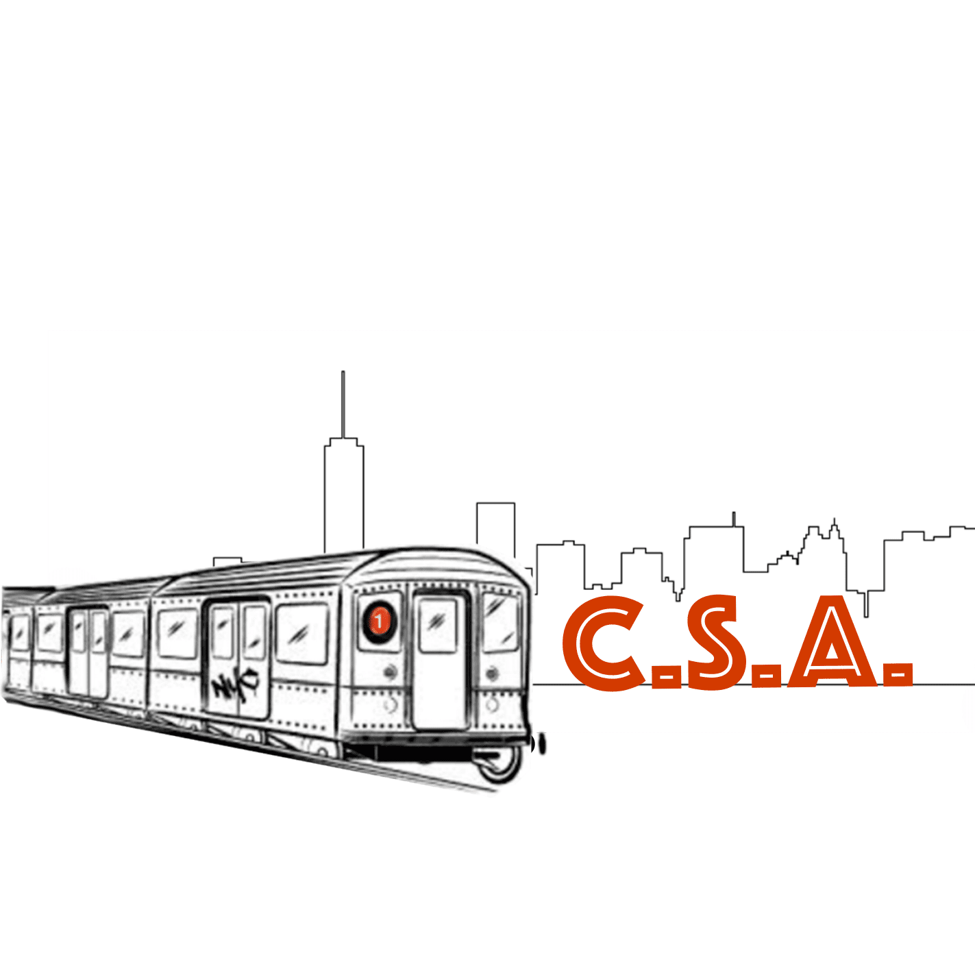 Drawing of number one subway car with C.S.A in red lettering in front of New York City skyline